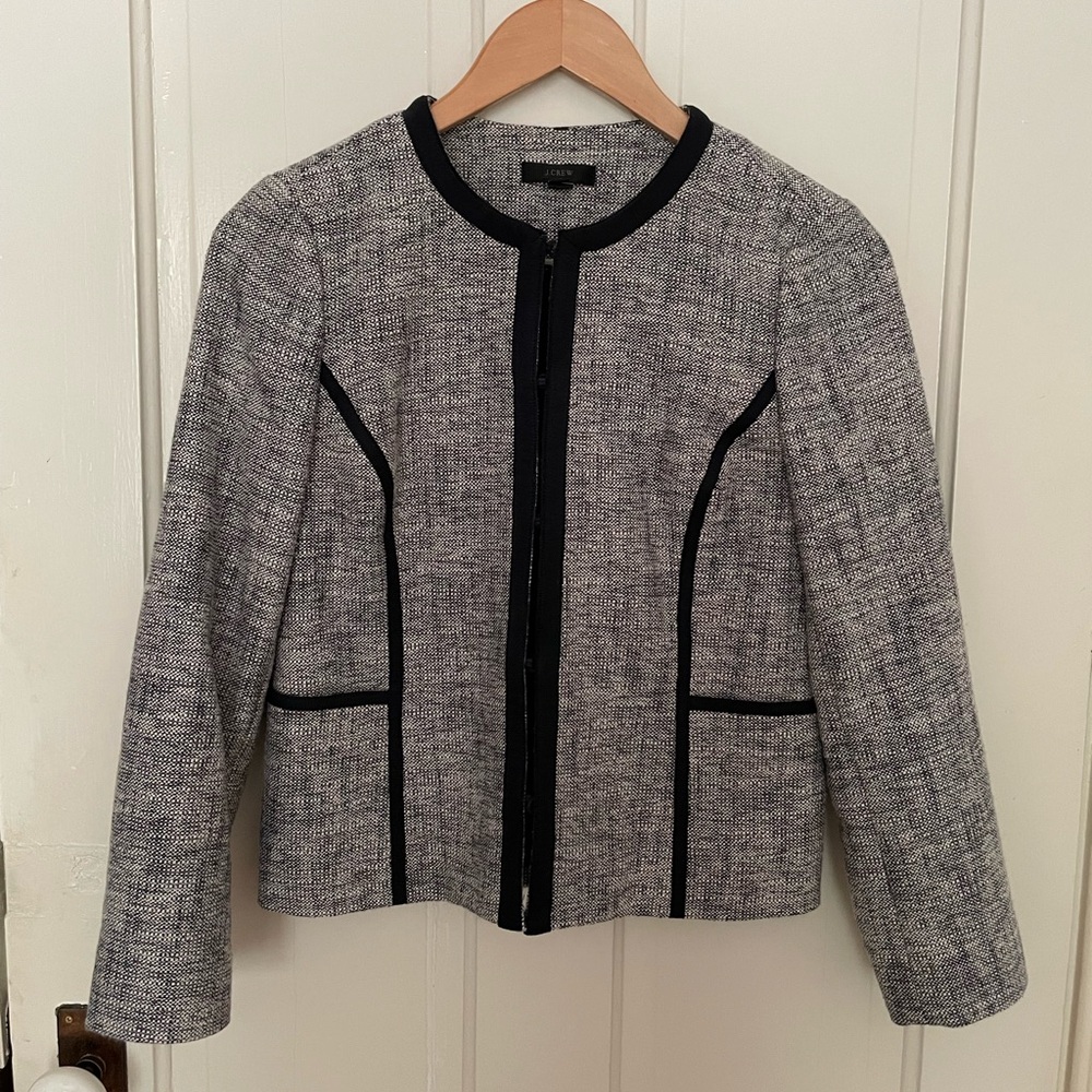 JCrew blue and white cotton tweed piped suit jacket